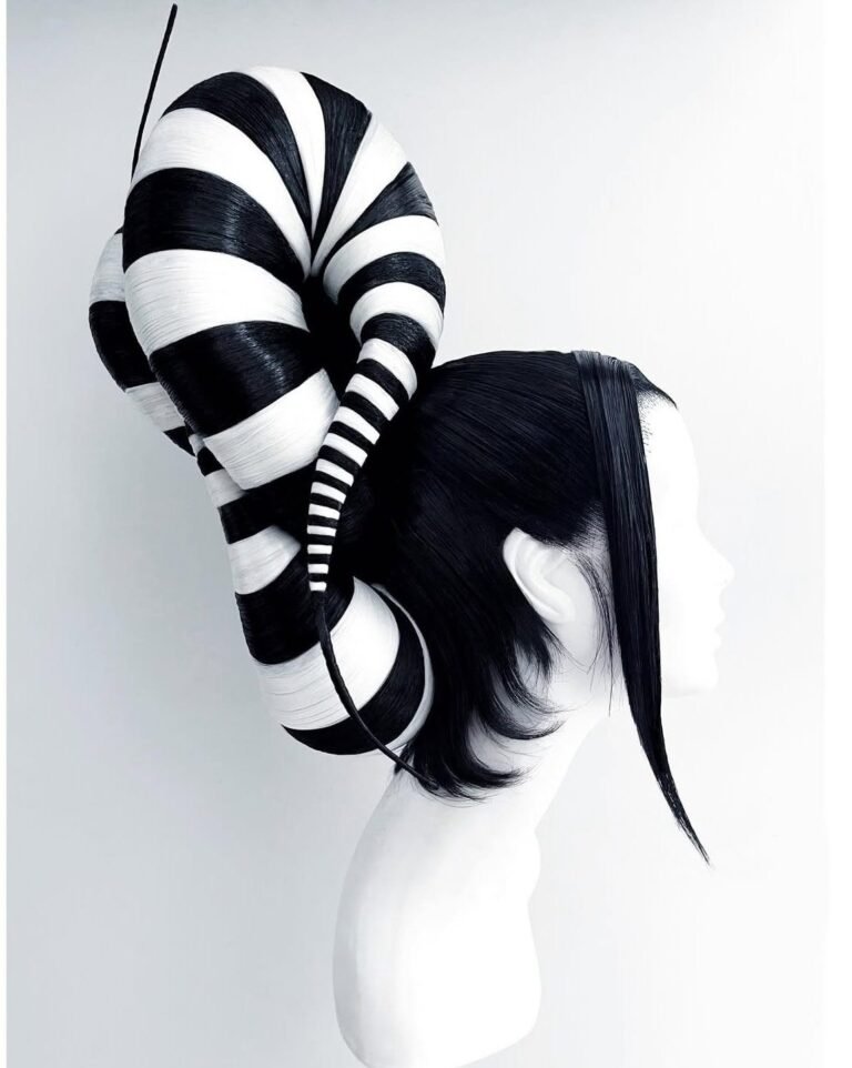 black-white-striped-twisted-updo-sculptural-hair-art