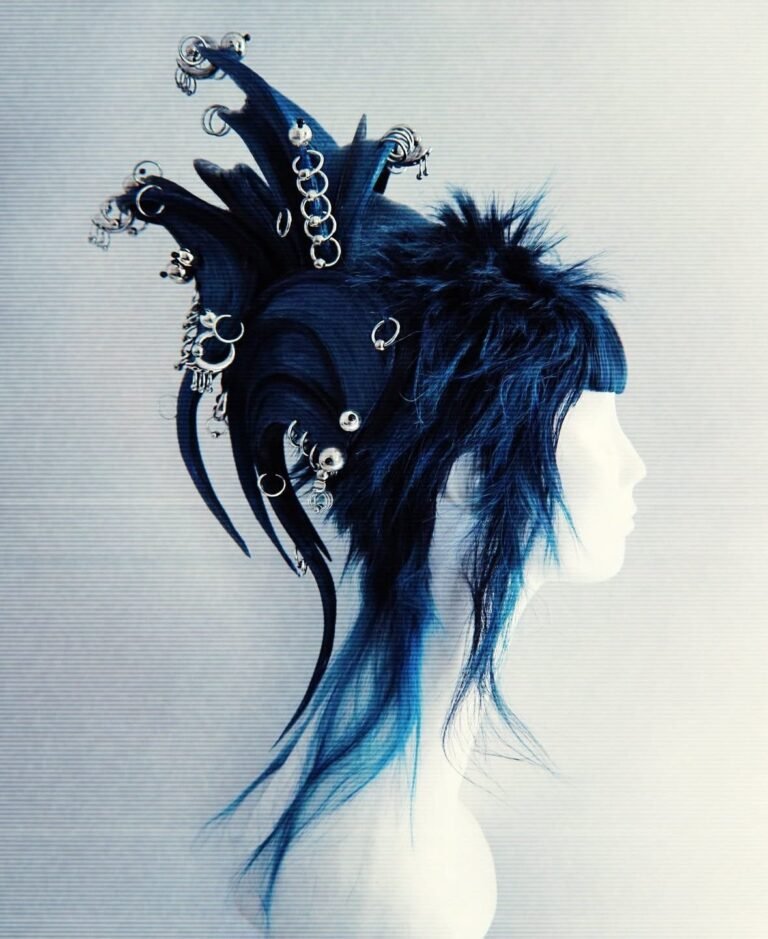 dark-blue-avant-garde-spiked-updo-silver-ring-accessories