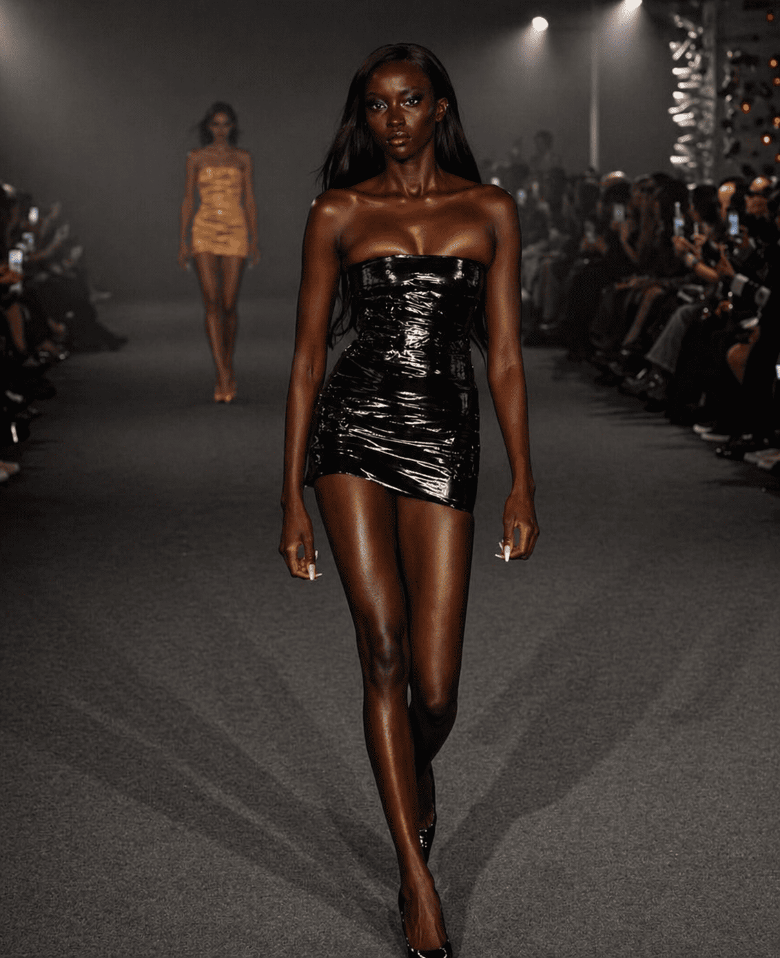 Runway glamour in spotlighted haze